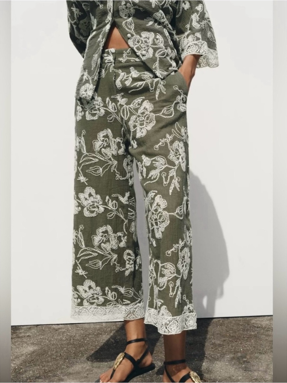 Zara Guipure Hem Embroidered Pants, Olive Wide-Leg Linen Pants